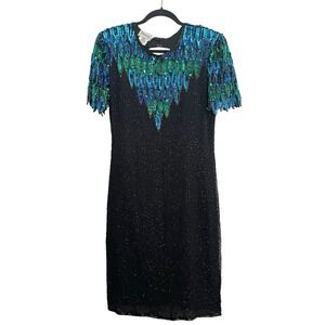 Vintage Stenay Sequin Dress‎ Cocktail Party Black Blue Green Silk 10 Open Back